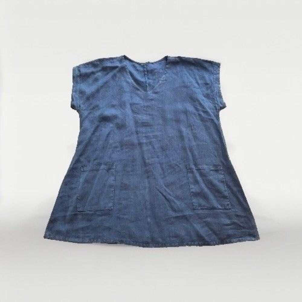 Women’s Linen Tunic Navy Blue Pockets V Neck Lagenlook Size Extra Large